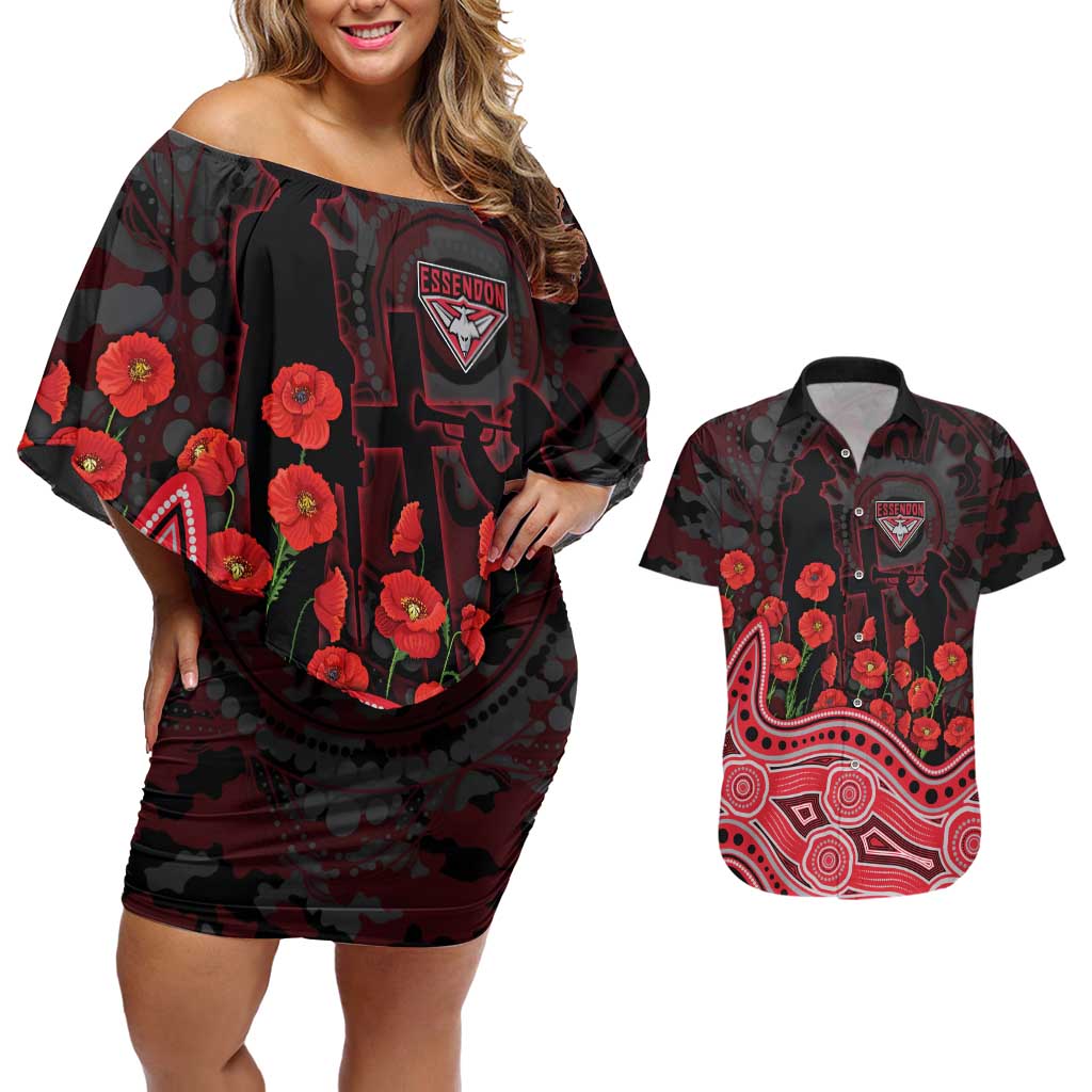 Essendon Bombers ANZAC Day Couples Matching Off Shoulder Short Dress and Hawaiian Shirt Indigenous Dot Art with Poppy Flower Tribute