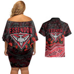 Essendon Bombers ANZAC Day Couples Matching Off Shoulder Short Dress and Hawaiian Shirt Indigenous Dot Art with Poppy Flower Tribute