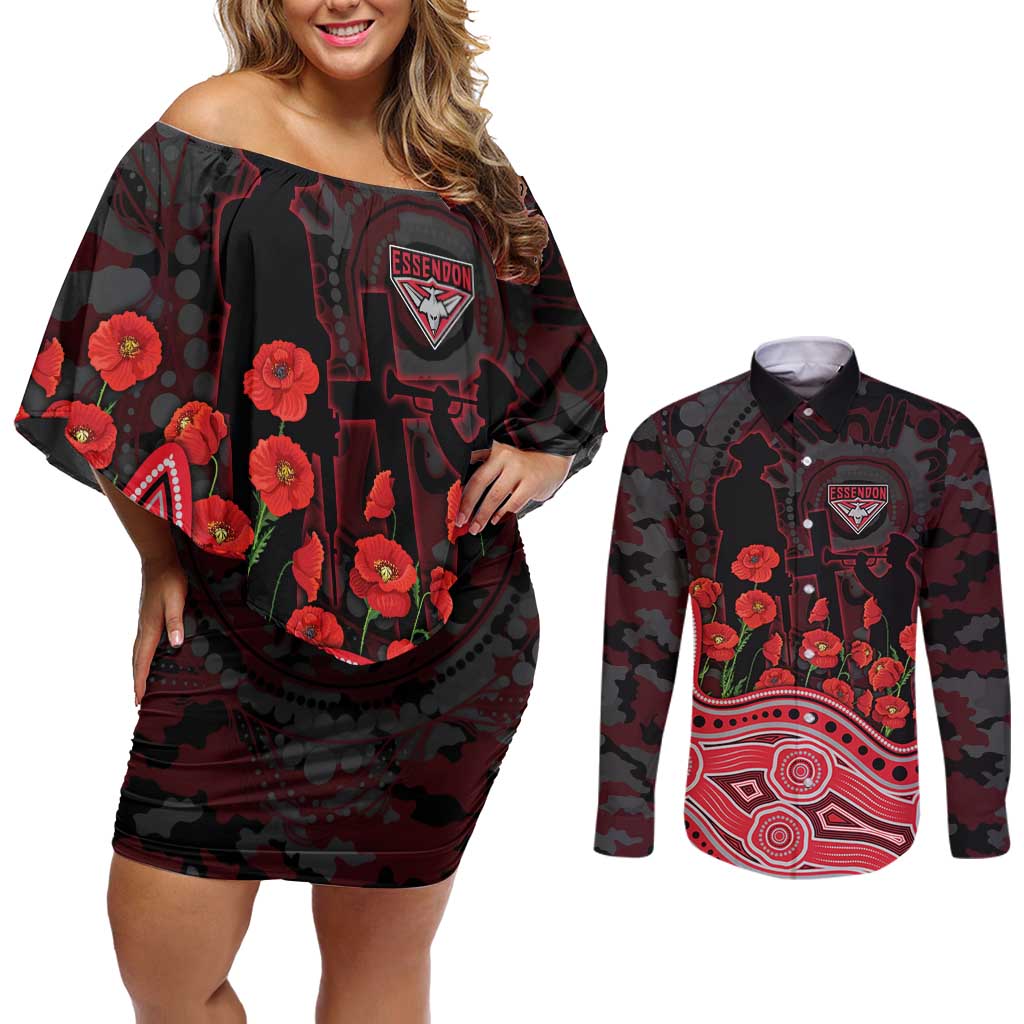 Essendon Bombers ANZAC Day Couples Matching Off Shoulder Short Dress and Long Sleeve Button Shirt Indigenous Dot Art with Poppy Flower Tribute