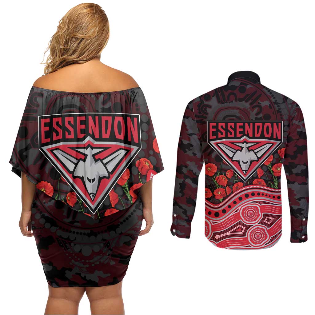 Essendon Bombers ANZAC Day Couples Matching Off Shoulder Short Dress and Long Sleeve Button Shirt Indigenous Dot Art with Poppy Flower Tribute