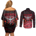 Essendon Bombers ANZAC Day Couples Matching Off Shoulder Short Dress and Long Sleeve Button Shirt Indigenous Dot Art with Poppy Flower Tribute