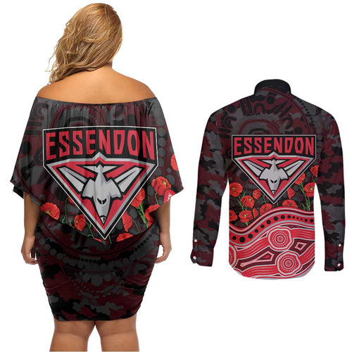 Essendon Bombers ANZAC Day Couples Matching Off Shoulder Short Dress and Long Sleeve Button Shirt Indigenous Dot Art with Poppy Flower Tribute