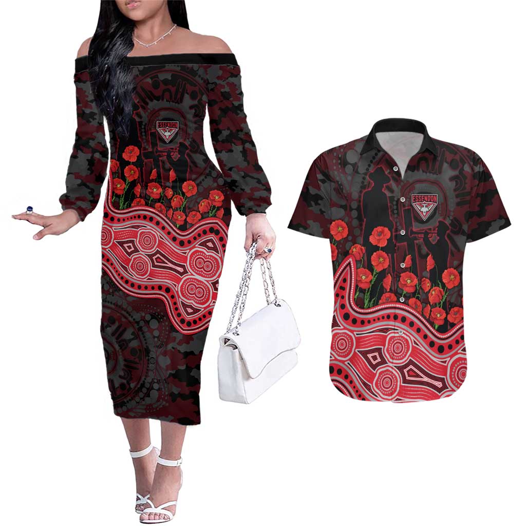 Essendon Bombers ANZAC Day Couples Matching Off The Shoulder Long Sleeve Dress and Hawaiian Shirt Indigenous Dot Art with Poppy Flower Tribute