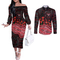 Essendon Bombers ANZAC Day Couples Matching Off The Shoulder Long Sleeve Dress and Long Sleeve Button Shirt Indigenous Dot Art with Poppy Flower Tribute