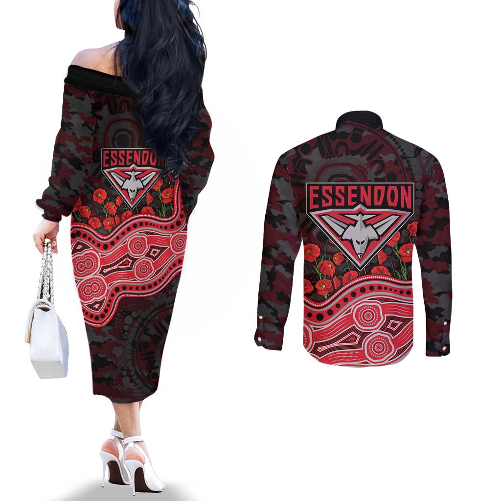 Essendon Bombers ANZAC Day Couples Matching Off The Shoulder Long Sleeve Dress and Long Sleeve Button Shirt Indigenous Dot Art with Poppy Flower Tribute