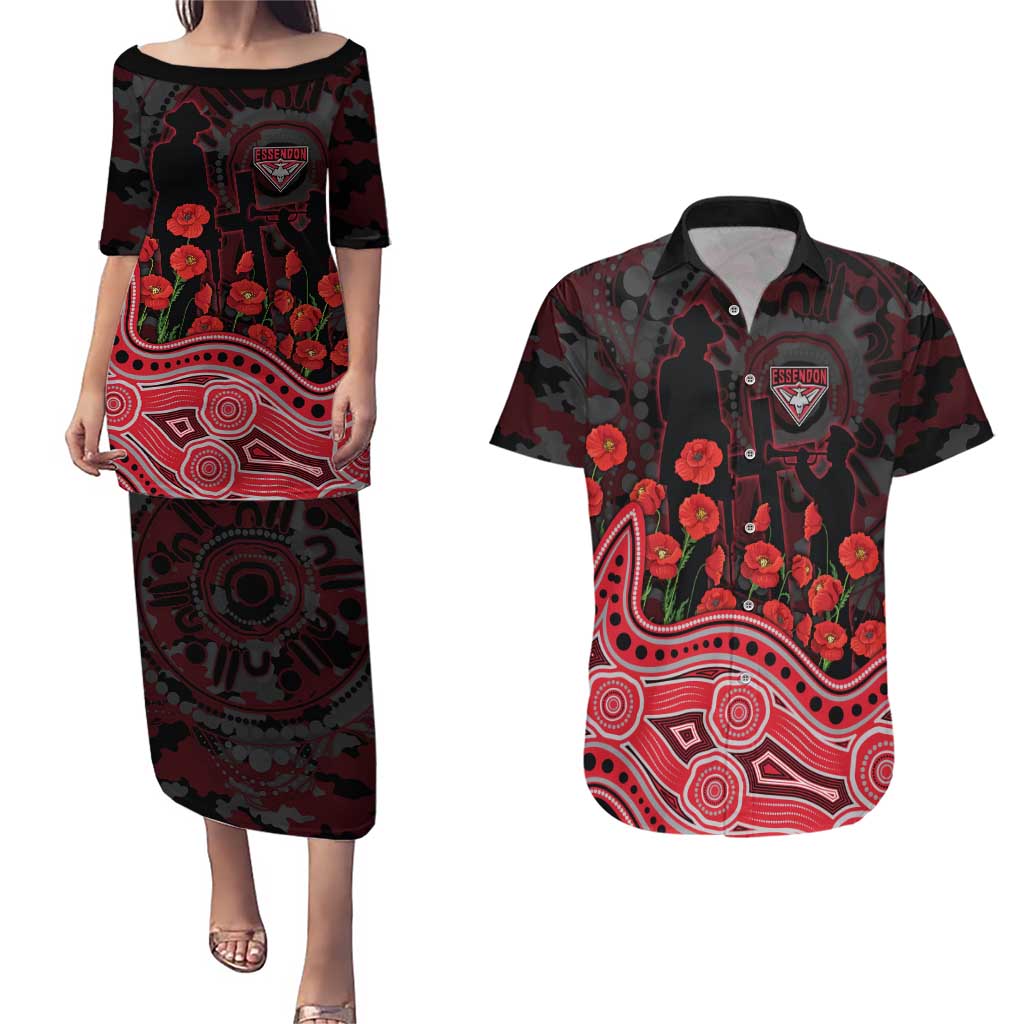 Essendon Bombers ANZAC Day Couples Matching Puletasi and Hawaiian Shirt Indigenous Dot Art with Poppy Flower Tribute