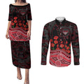 Essendon Bombers ANZAC Day Couples Matching Puletasi and Long Sleeve Button Shirt Indigenous Dot Art with Poppy Flower Tribute