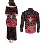 Essendon Bombers ANZAC Day Couples Matching Puletasi and Long Sleeve Button Shirt Indigenous Dot Art with Poppy Flower Tribute