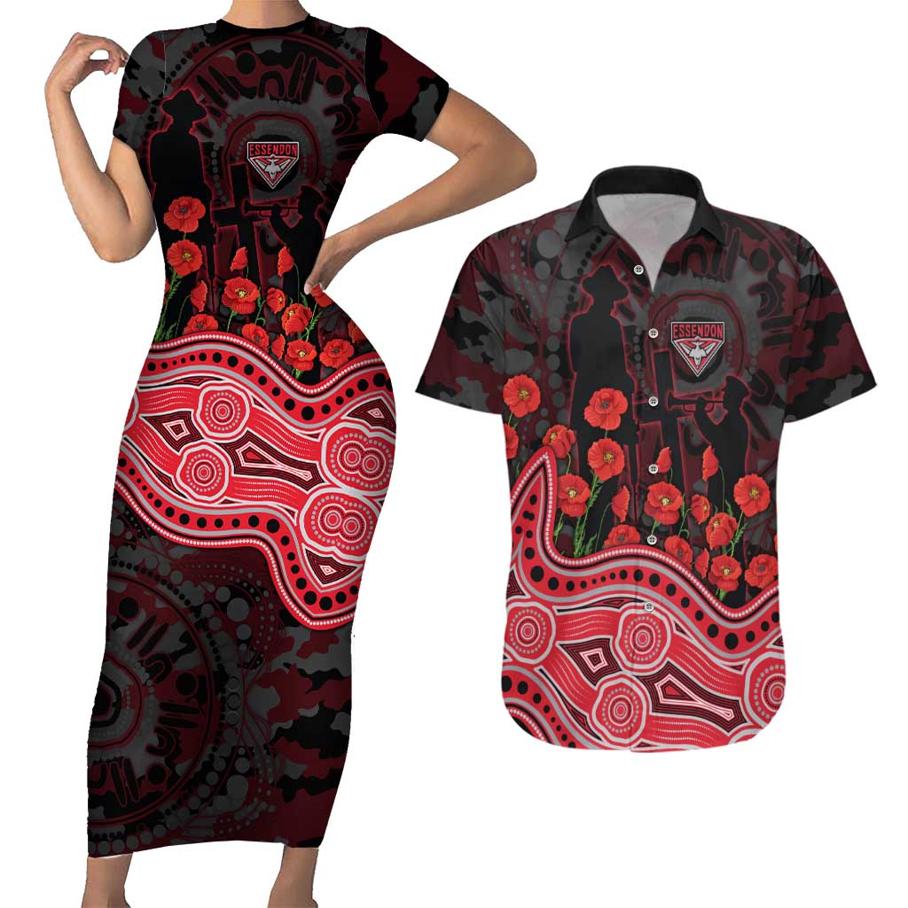 Essendon Bombers ANZAC Day Couples Matching Short Sleeve Bodycon Dress and Hawaiian Shirt Indigenous Dot Art with Poppy Flower Tribute
