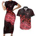 Essendon Bombers ANZAC Day Couples Matching Short Sleeve Bodycon Dress and Hawaiian Shirt Indigenous Dot Art with Poppy Flower Tribute