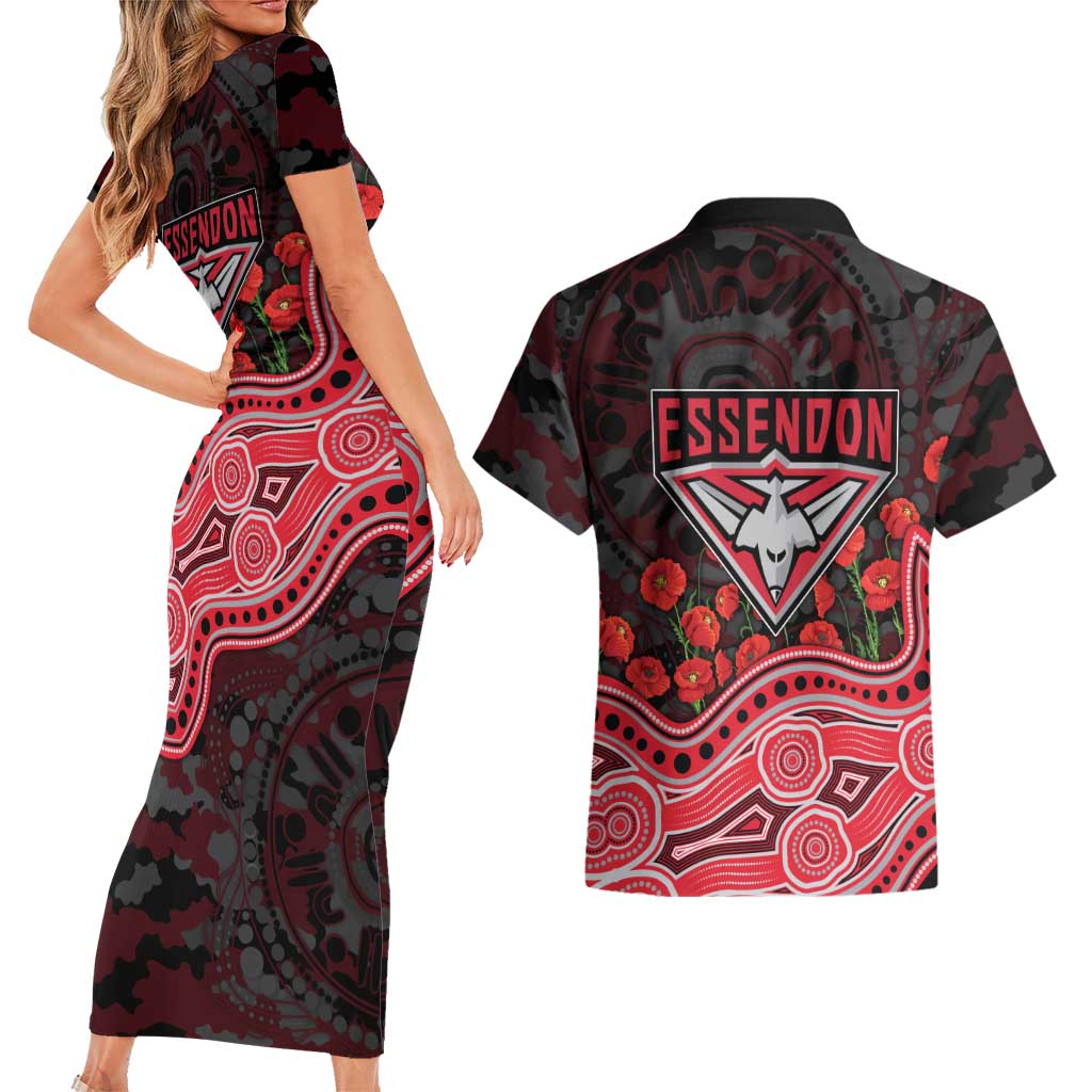 Essendon Bombers ANZAC Day Couples Matching Short Sleeve Bodycon Dress and Hawaiian Shirt Indigenous Dot Art with Poppy Flower Tribute
