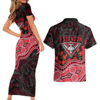 Essendon Bombers ANZAC Day Couples Matching Short Sleeve Bodycon Dress and Hawaiian Shirt Indigenous Dot Art with Poppy Flower Tribute