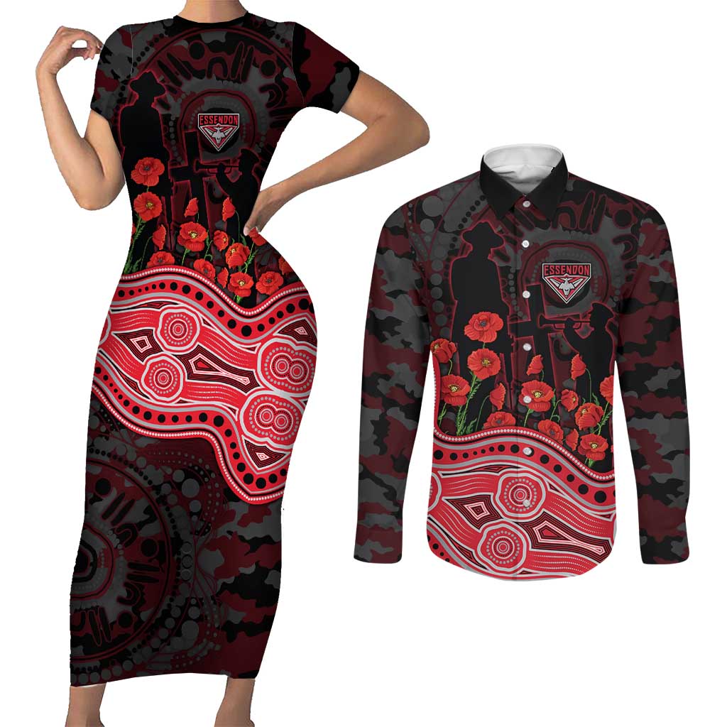 Essendon Bombers ANZAC Day Couples Matching Short Sleeve Bodycon Dress and Long Sleeve Button Shirt Indigenous Dot Art with Poppy Flower Tribute