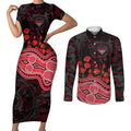 Essendon Bombers ANZAC Day Couples Matching Short Sleeve Bodycon Dress and Long Sleeve Button Shirt Indigenous Dot Art with Poppy Flower Tribute