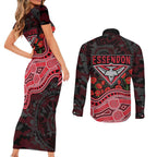 Essendon Bombers ANZAC Day Couples Matching Short Sleeve Bodycon Dress and Long Sleeve Button Shirt Indigenous Dot Art with Poppy Flower Tribute