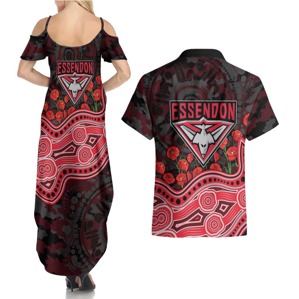Essendon Bombers ANZAC Day Couples Matching Summer Maxi Dress and Hawaiian Shirt Indigenous Dot Art with Poppy Flower Tribute