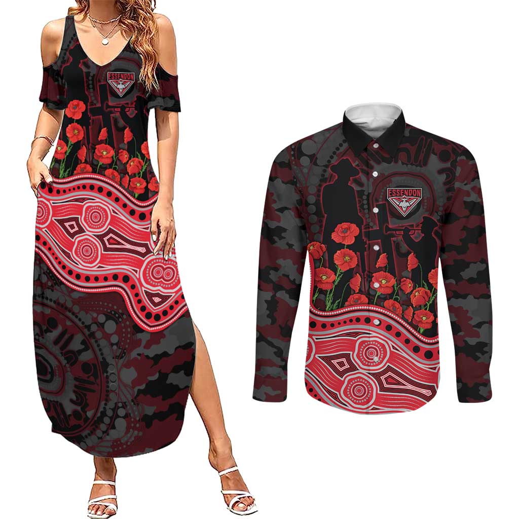 Essendon Bombers ANZAC Day Couples Matching Summer Maxi Dress and Long Sleeve Button Shirt Indigenous Dot Art with Poppy Flower Tribute