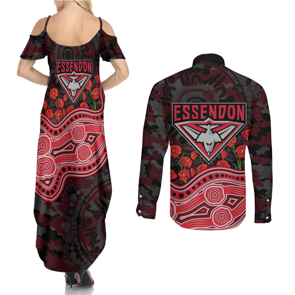 Essendon Bombers ANZAC Day Couples Matching Summer Maxi Dress and Long Sleeve Button Shirt Indigenous Dot Art with Poppy Flower Tribute