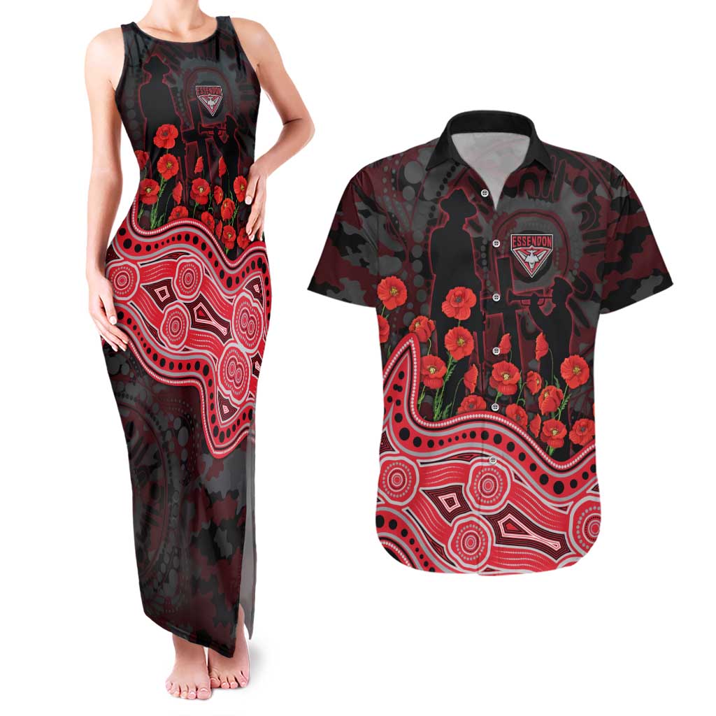 Essendon Bombers ANZAC Day Couples Matching Tank Maxi Dress and Hawaiian Shirt Indigenous Dot Art with Poppy Flower Tribute