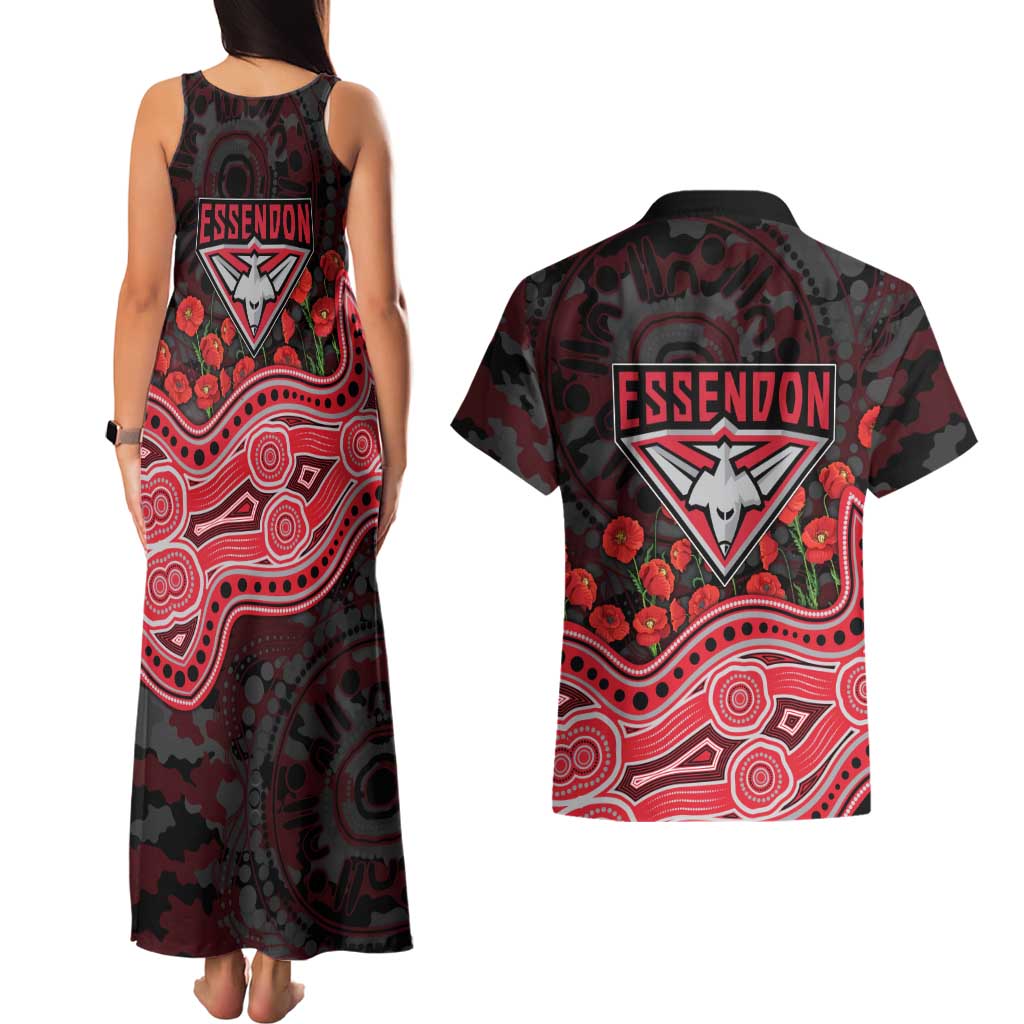 Essendon Bombers ANZAC Day Couples Matching Tank Maxi Dress and Hawaiian Shirt Indigenous Dot Art with Poppy Flower Tribute