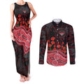 Essendon Bombers ANZAC Day Couples Matching Tank Maxi Dress and Long Sleeve Button Shirt Indigenous Dot Art with Poppy Flower Tribute