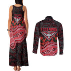 Essendon Bombers ANZAC Day Couples Matching Tank Maxi Dress and Long Sleeve Button Shirt Indigenous Dot Art with Poppy Flower Tribute