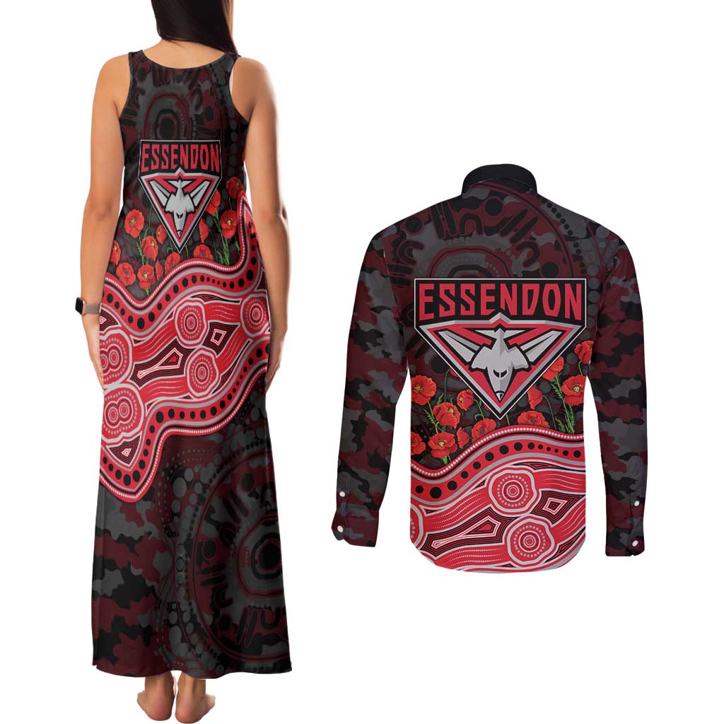 Essendon Bombers ANZAC Day Couples Matching Tank Maxi Dress and Long Sleeve Button Shirt Indigenous Dot Art with Poppy Flower Tribute