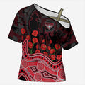 Essendon Bombers ANZAC Day Cross Shoulder Shirt Indigenous Dot Art with Poppy Flower Tribute