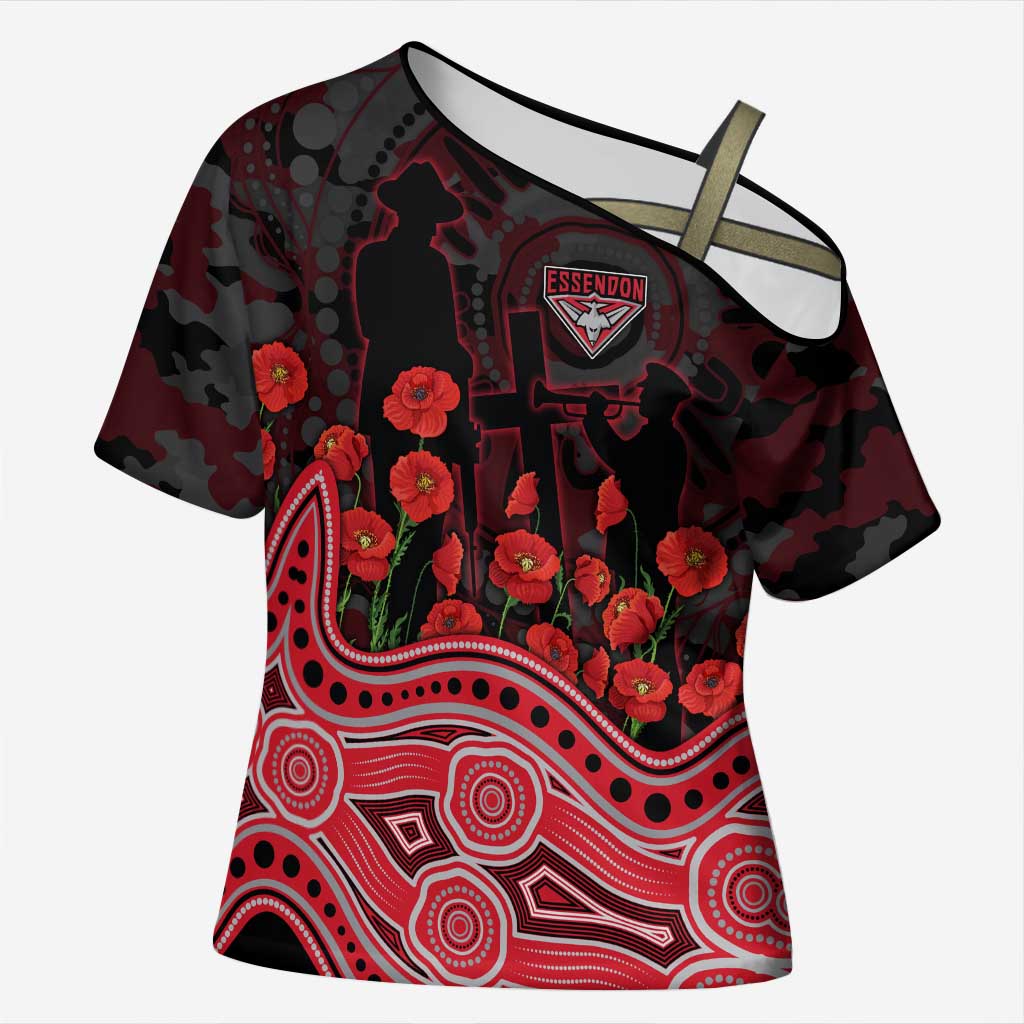 Essendon Bombers ANZAC Day Cross Shoulder Shirt Indigenous Dot Art with Poppy Flower Tribute
