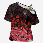 Essendon Bombers ANZAC Day Cross Shoulder Shirt Indigenous Dot Art with Poppy Flower Tribute
