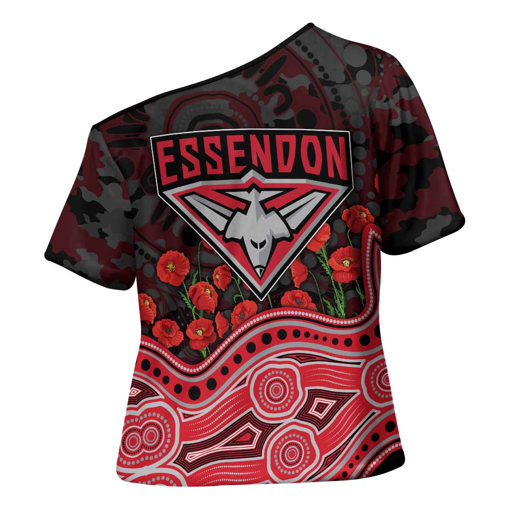 Essendon Bombers ANZAC Day Cross Shoulder Shirt Indigenous Dot Art with Poppy Flower Tribute