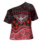 Essendon Bombers ANZAC Day Cross Shoulder Shirt Indigenous Dot Art with Poppy Flower Tribute