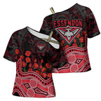 Essendon Bombers ANZAC Day Cross Shoulder Shirt Indigenous Dot Art with Poppy Flower Tribute