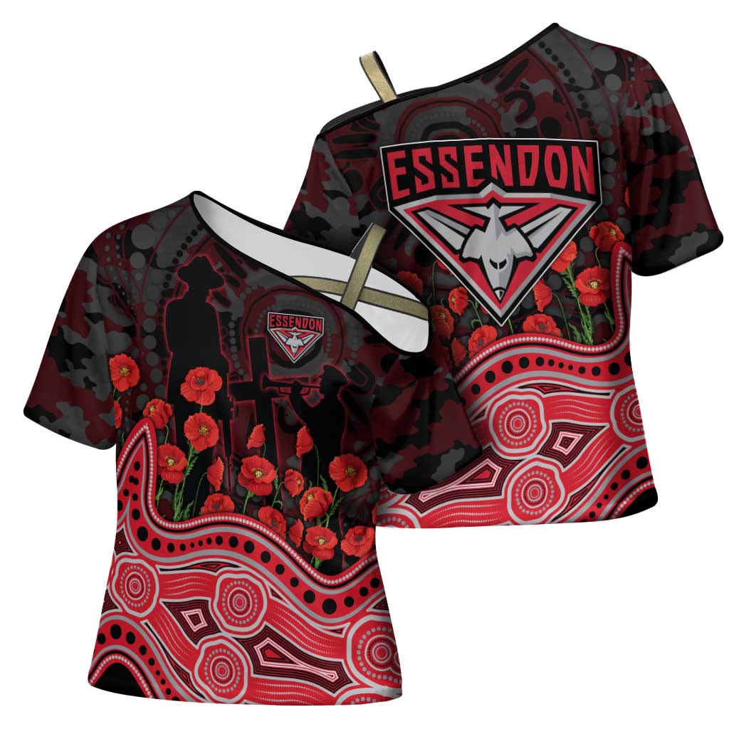 Essendon Bombers ANZAC Day Cross Shoulder Shirt Indigenous Dot Art with Poppy Flower Tribute