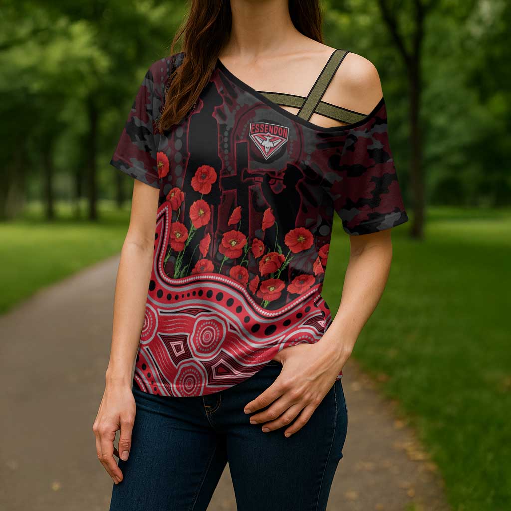 Essendon Bombers ANZAC Day Cross Shoulder Shirt Indigenous Dot Art with Poppy Flower Tribute