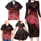Essendon Bombers ANZAC Day Family Matching Long Sleeve Bodycon Dress and Hawaiian Shirt Indigenous Dot Art with Poppy Flower Tribute