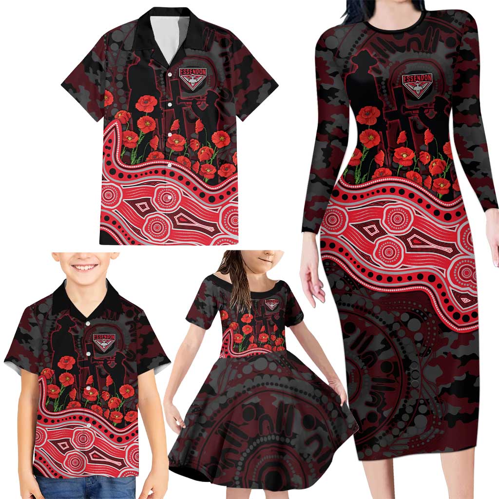 Essendon Bombers ANZAC Day Family Matching Long Sleeve Bodycon Dress and Hawaiian Shirt Indigenous Dot Art with Poppy Flower Tribute