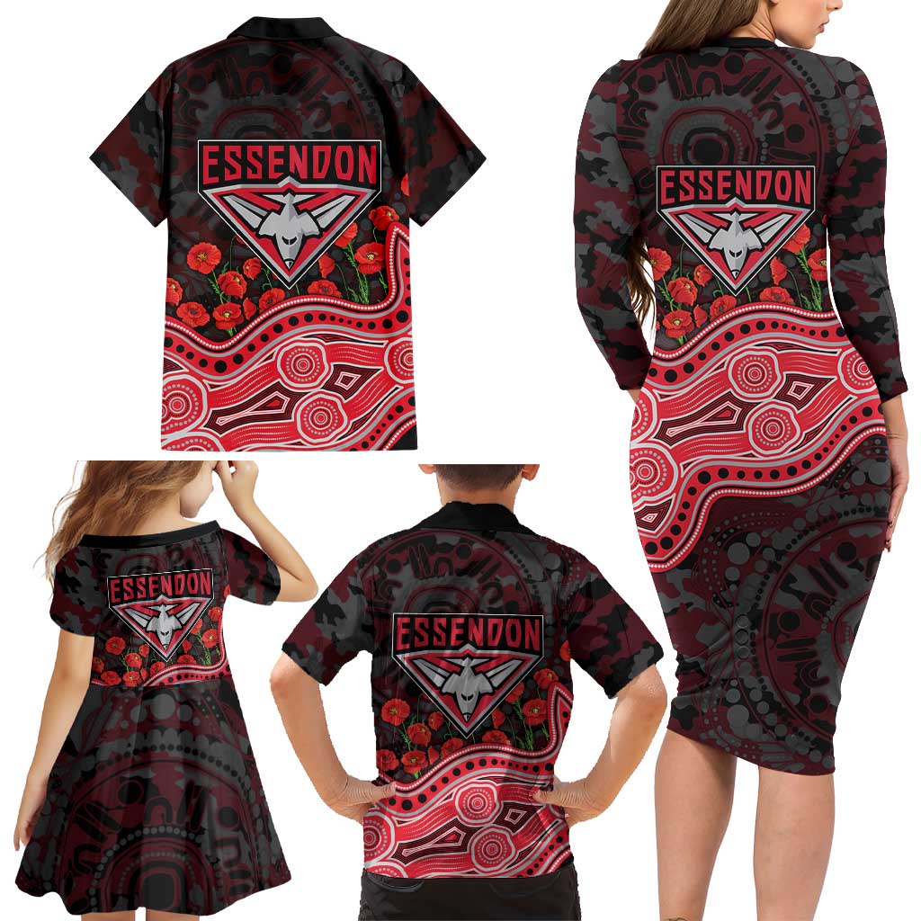 Essendon Bombers ANZAC Day Family Matching Long Sleeve Bodycon Dress and Hawaiian Shirt Indigenous Dot Art with Poppy Flower Tribute