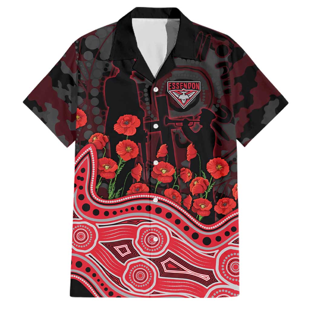Essendon Bombers ANZAC Day Family Matching Long Sleeve Bodycon Dress and Hawaiian Shirt Indigenous Dot Art with Poppy Flower Tribute