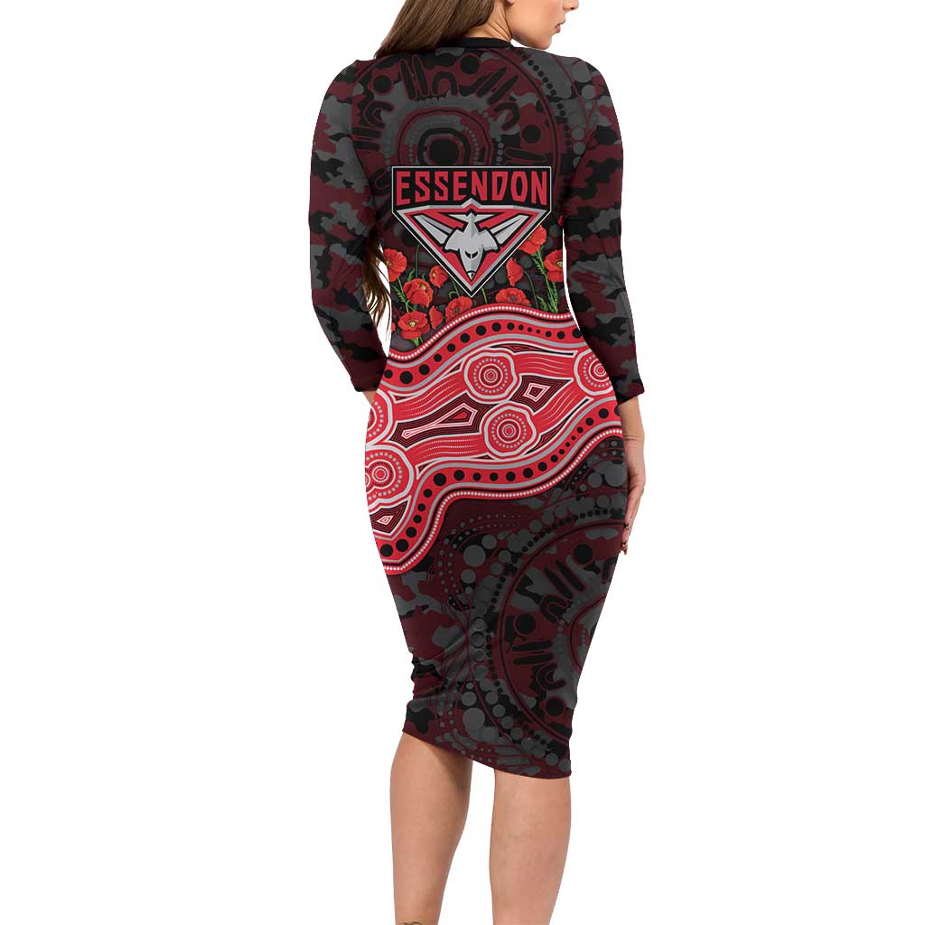 Essendon Bombers ANZAC Day Family Matching Long Sleeve Bodycon Dress and Hawaiian Shirt Indigenous Dot Art with Poppy Flower Tribute