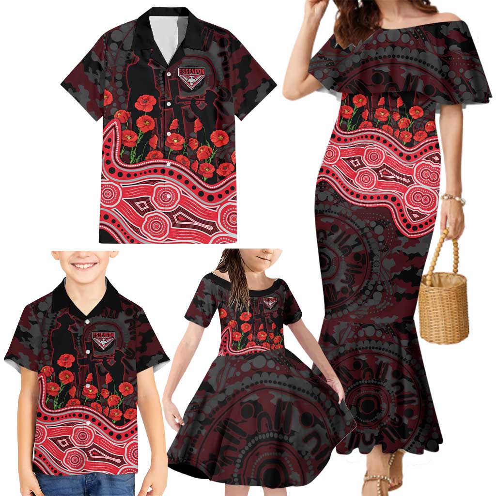 Essendon Bombers ANZAC Day Family Matching Mermaid Dress and Hawaiian Shirt Indigenous Dot Art with Poppy Flower Tribute