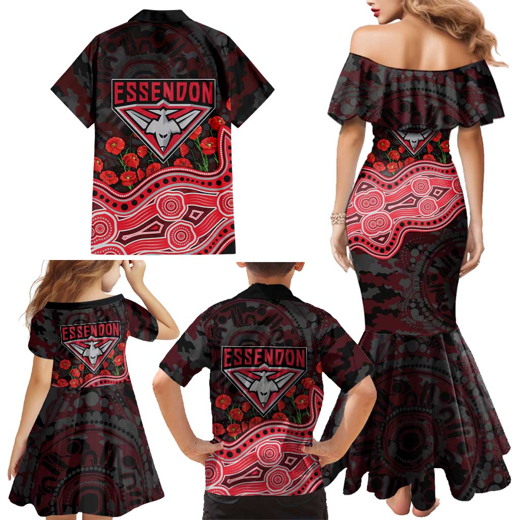 Essendon Bombers ANZAC Day Family Matching Mermaid Dress and Hawaiian Shirt Indigenous Dot Art with Poppy Flower Tribute