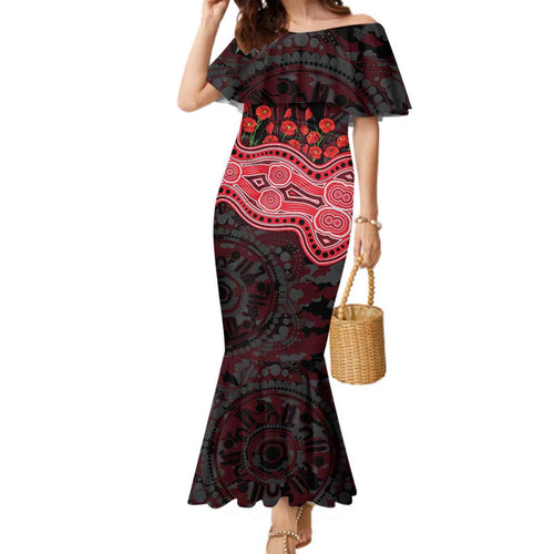 Essendon Bombers ANZAC Day Family Matching Mermaid Dress and Hawaiian Shirt Indigenous Dot Art with Poppy Flower Tribute