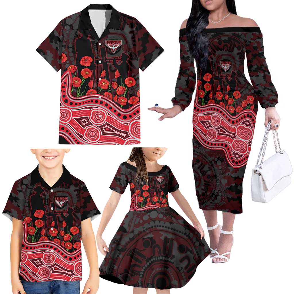 Essendon Bombers ANZAC Day Family Matching Off The Shoulder Long Sleeve Dress and Hawaiian Shirt Indigenous Dot Art with Poppy Flower Tribute