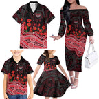 Essendon Bombers ANZAC Day Family Matching Off The Shoulder Long Sleeve Dress and Hawaiian Shirt Indigenous Dot Art with Poppy Flower Tribute