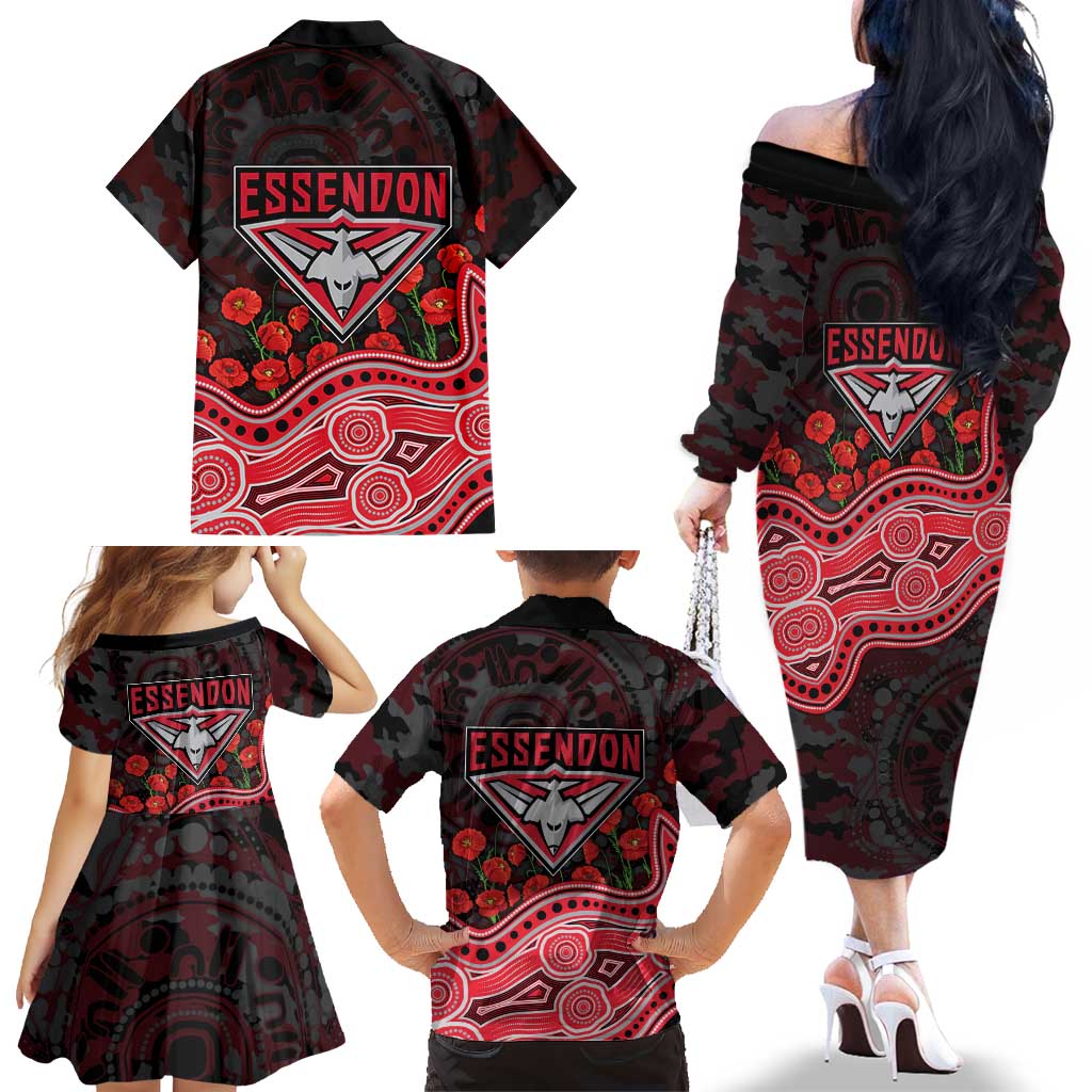 Essendon Bombers ANZAC Day Family Matching Off The Shoulder Long Sleeve Dress and Hawaiian Shirt Indigenous Dot Art with Poppy Flower Tribute