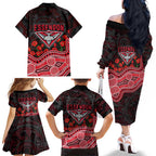 Essendon Bombers ANZAC Day Family Matching Off The Shoulder Long Sleeve Dress and Hawaiian Shirt Indigenous Dot Art with Poppy Flower Tribute