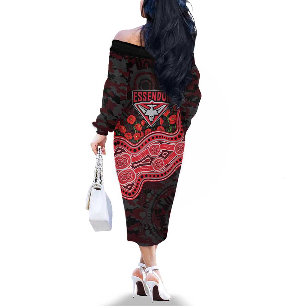Essendon Bombers ANZAC Day Family Matching Off The Shoulder Long Sleeve Dress and Hawaiian Shirt Indigenous Dot Art with Poppy Flower Tribute