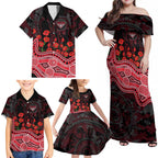 Essendon Bombers ANZAC Day Family Matching Off Shoulder Maxi Dress and Hawaiian Shirt Indigenous Dot Art with Poppy Flower Tribute