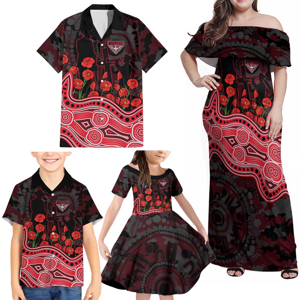 Essendon Bombers ANZAC Day Family Matching Off Shoulder Maxi Dress and Hawaiian Shirt Indigenous Dot Art with Poppy Flower Tribute